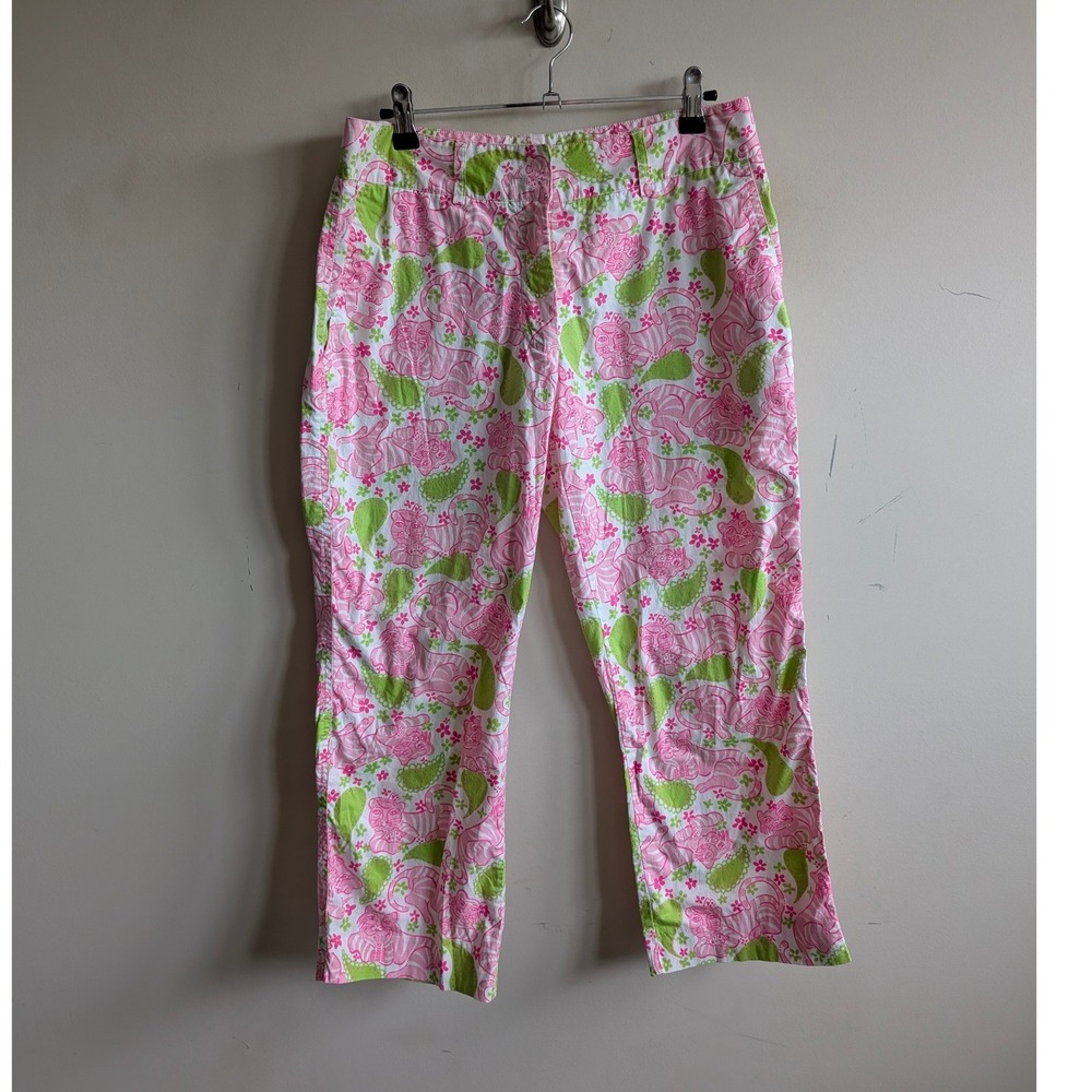 Lilly Pulitzer Pink Green Tiger Paisley Cropped Cards Pants Sz 6 Stretch Cotton - Picture 2 of 6
